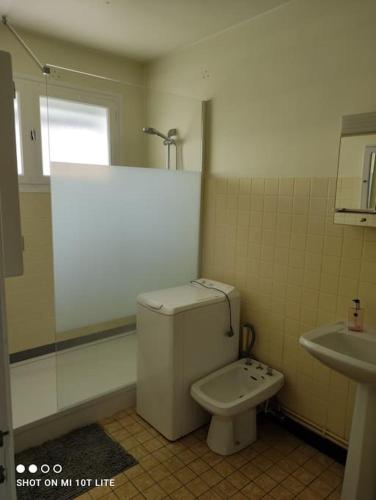 une salle de bain avec toilettes et lavabo dans l'établissement Maison de vacances à 400m de la plage, à Berck-sur-Mer