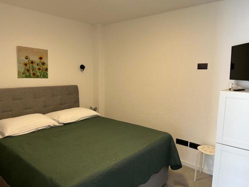 a bedroom with a green bed and a television at BAVA in Kaštela