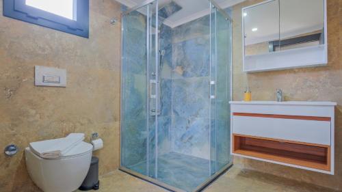 a bathroom with a shower with a toilet and a sink at vİLLA SÖĞÜT in Fethiye