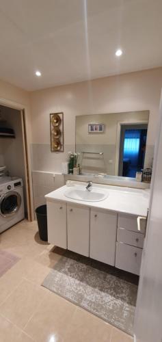 une salle de bain avec un lavabo et un grand miroir dans l'établissement Spacieux 2 pièces terrasse et piscine, à Cannes