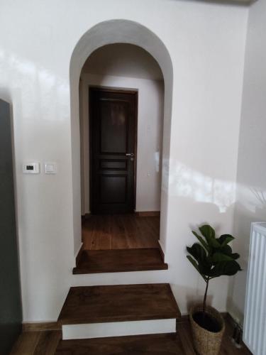 a hallway with a black door and a plant at Pelion bee guesthouse in Portaria