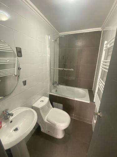 uma casa de banho com um WC, um lavatório e um chuveiro em Apart Fueguina em Porvenir