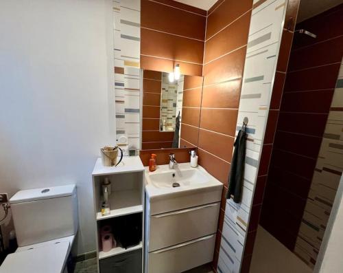 une petite salle de bain avec un lavabo et un miroir dans l'établissement Pescad Home Maison 3 étoiles plein centre de Valras à 130m de la plage, à Valras-Plage