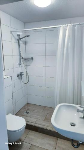 e bagno con doccia, servizi igienici e lavandino. di E&K Apartment II a Dusseldorf