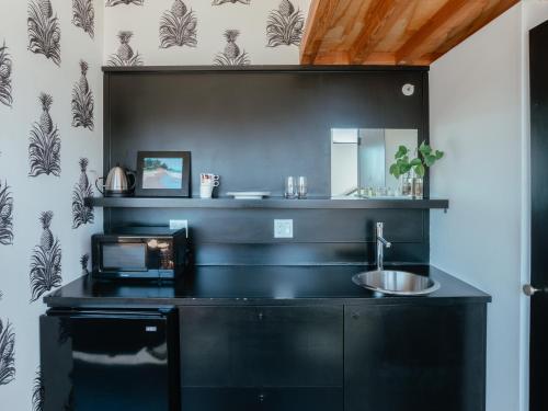 a bathroom with a sink and a microwave at Abpopa Hillcrest in San Diego
