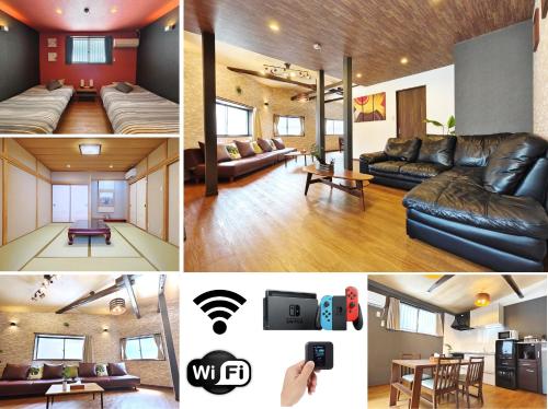 a collage of photos of a living room and a house at 清潔#快適#広々なんば駅徒歩8分#9名宿泊可#Wi-Fiswitch#大画面TV in Osaka
