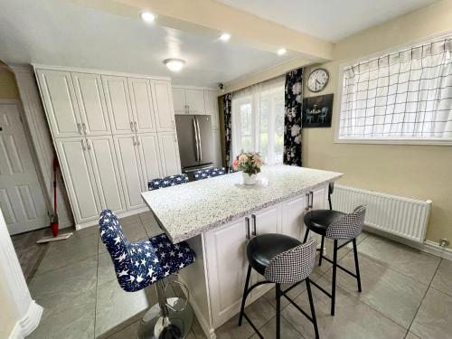 a kitchen with a counter with chairs and a counter top at Bright&Modern Space Perfect for couple and Family Step to public transit in Toronto in Toronto