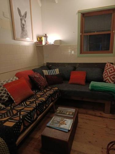 a living room with a couch with pillows on it at The Cabin Barrington Tops Your Eco Place in Nature in Chichester