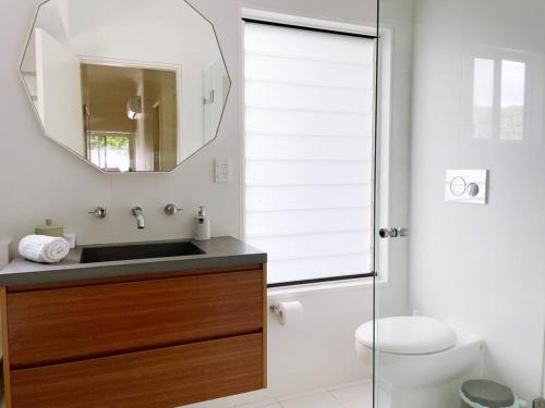 a bathroom with a sink and a mirror and a toilet at NINE at Berowra Waters, luxury waterfront with hot tub in Berrilee