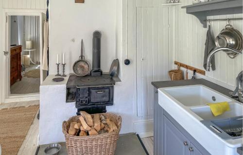a kitchen with a stove and a basket of logs at 1 Bedroom Cozy Home In Flen in Flen