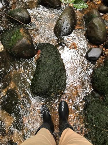 a person is standing in a stream with rocks at Vibra Healing Lodge y Spa in Teniente Hugo Ortiz