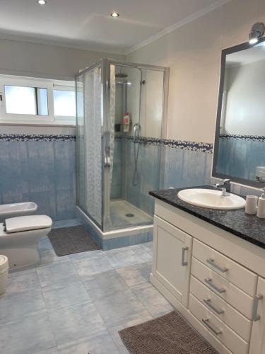 a bathroom with a shower and a toilet and a sink at Villa Portugal in Palmela