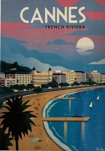 une affiche d'une plage avec vue sur un complexe hôtelier dans l'établissement Appartement centre modern terrasse piscine parking, à Cannes