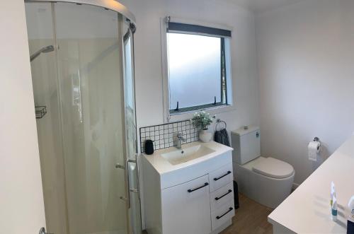 ein Badezimmer mit Dusche, Waschbecken und Toilette in der Unterkunft Kings Cottage in Cambridge