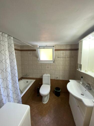 uma casa de banho com um WC, uma banheira e um lavatório. em Skaloma Seafront Loulas house nearby Nafpaktos em Skaloma