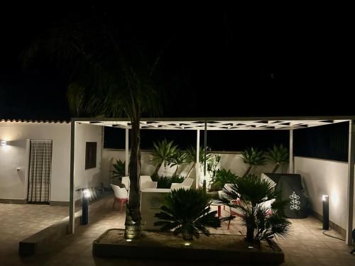 a patio with a couch and palm trees at night at L'oasi Una Pineta Sul Mare in Custonaci