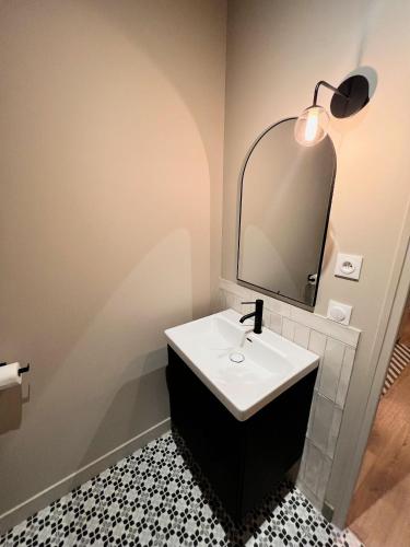 a bathroom with a white sink and a mirror at Pere Lachaise Apartments in Paris