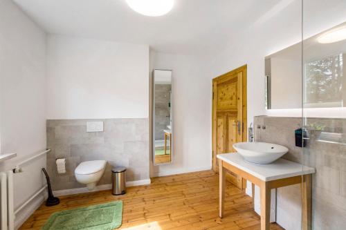 a bathroom with a sink and two toilets in it at Ferienhaus Waldliebe in Hüttenrode