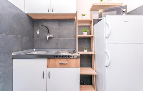 a kitchen with white cabinets and a sink and a refrigerator at Apartmani Vanja in Drage