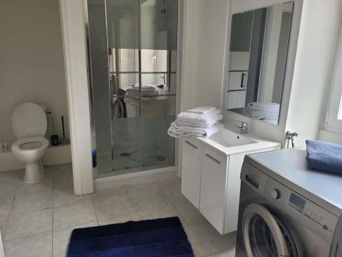 une salle de bain avec douche et machine à laver dans l'établissement Appartement en duplex spacieux, à Colleville-Montgomery