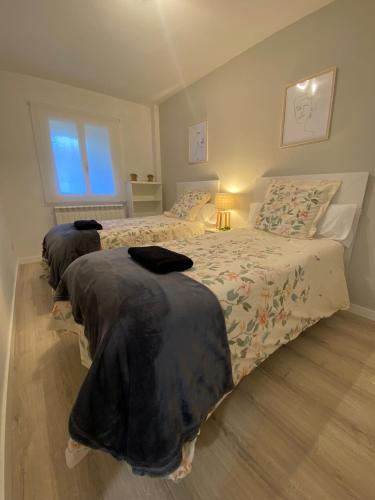 a bedroom with two beds and a window at Acogedor apartamento con piscina compartida y opción a parking in Jaca