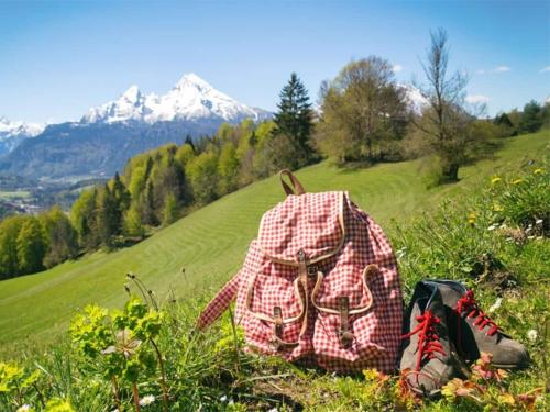 a backpack sitting on top of a hill with a mountain at Ferienwohnung Bergzyt oder das Bed and Breakfast - Älplersuite mit eigenem Bad und Terrasse in Linthal
