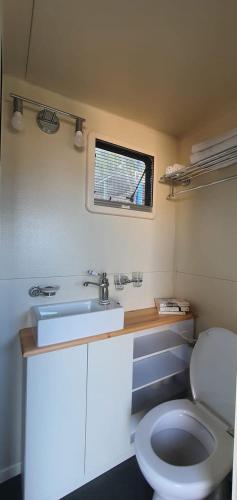 a bathroom with a toilet and a sink and a window at Countryside, beach view glamping caravan in HaBonim