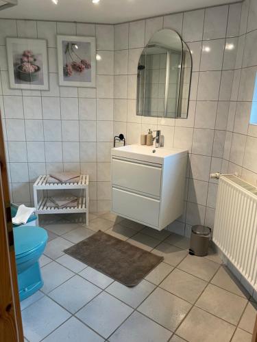 ein Badezimmer mit einem Waschbecken, einem Spiegel und einem WC in der Unterkunft Bei Hempels in Breitscheid