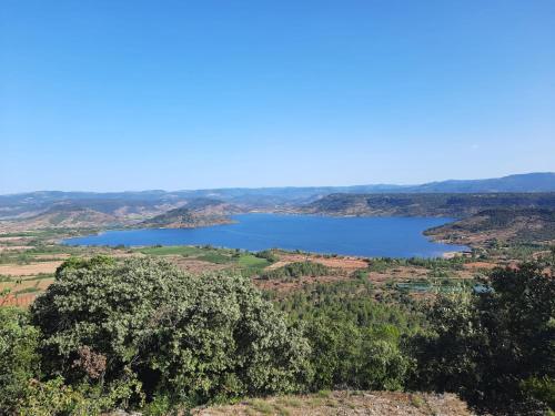 a view of a lake from a hill at Relais du Salagou - Chalets climatisés proche Lac du Salagou in Le Bosc
