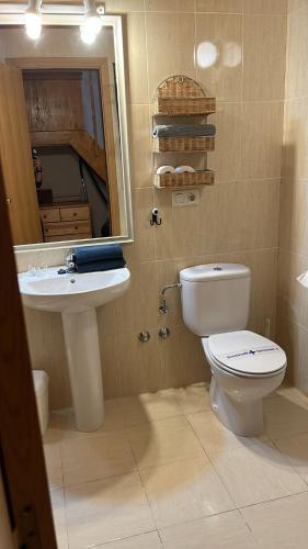 a bathroom with a toilet and a sink and a mirror at Terrazas del Pirineo en Villanúa in Villanúa