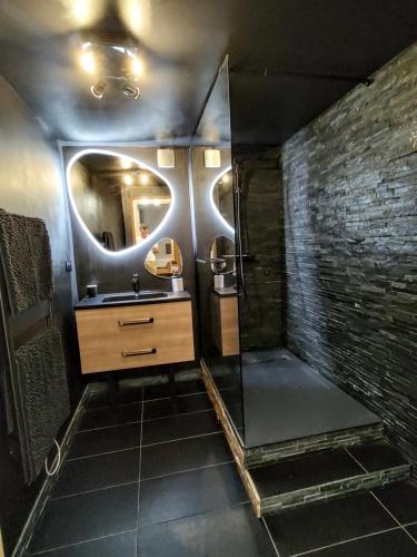 une salle de bain avec une douche, un lavabo et un miroir dans l'établissement T2 centre historique Briançon, à Briançon