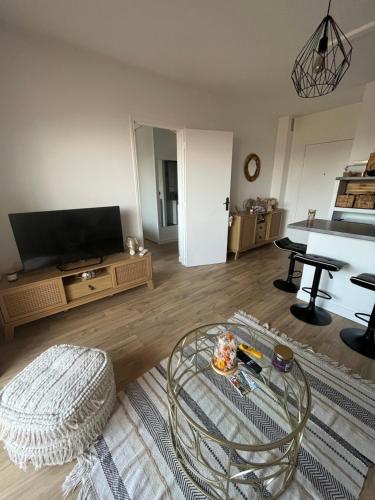 PalagaccioにあるAppartement T2 Pietranera WIFIのテレビとテーブルのあるリビングルーム