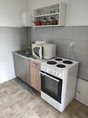 a kitchen with a stove and a microwave at Vila VRABAC in Priboj