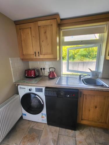 a kitchen with a washing machine and a sink at Colleen Bawn Cottage Gap Of Dunloe Kerry in Killarney