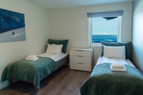 1 Schlafzimmer mit 2 Betten und einem Fenster in der Unterkunft Lyngen Experience Apartments in Nord-Lenangen