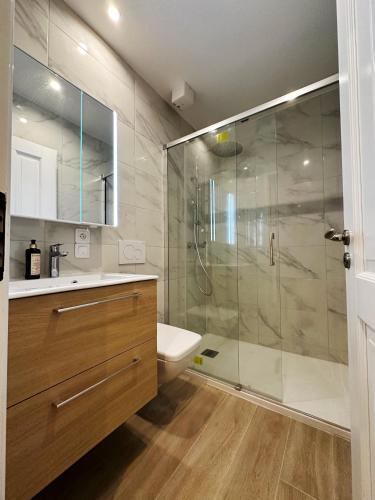 une salle de bain avec une douche, un lavabo et des toilettes dans l'établissement Apartments, Cannes, à Cannes