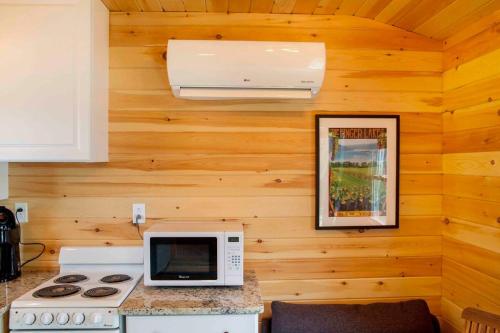 a kitchen with a stove and a microwave at Camp Waneta in Hammondsport