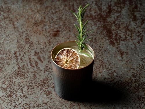 a cup with a grapefruit in it with a plant at Kaname Inn Tatemachi in Kanazawa