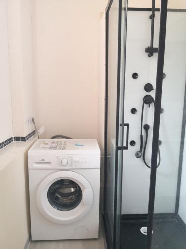 a washing machine in a small bathroom with a shower at Meublé A l'Orée des Vignes en Beaujolais in Gleizé