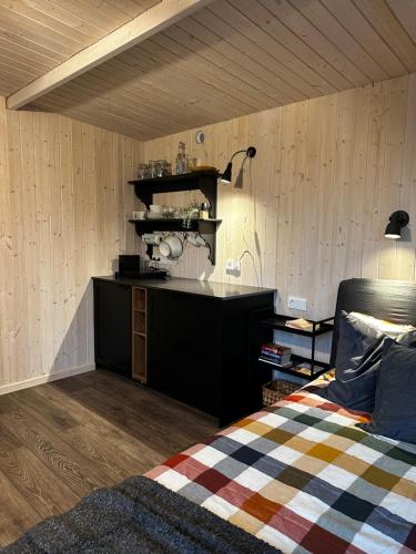 a bedroom with a bed and a desk in a room at Ronga saunamaja in Ilmasoo