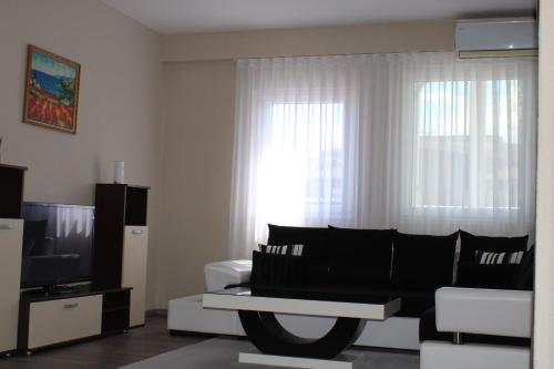 een woonkamer met een bank en een tv bij Oasis in Struga