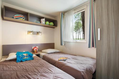 2 camas en una habitación con ventana en Vakantiepark Vlinderloo, en Enschede