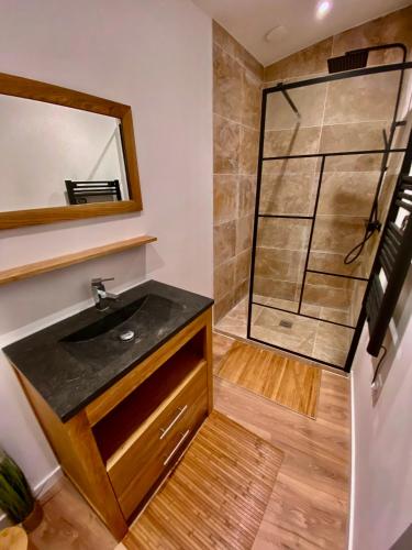 une salle de bain avec un lavabo et une douche dans l'établissement La Grange Du Bien-être, à Liausson