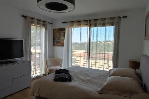 - une chambre avec un lit, une télévision et de grandes fenêtres dans l'établissement VILLA MODERNE PISCINE JACUZZi, à Nice