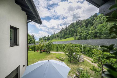 an umbrella sitting in a window with a view of a river at Wiesgut Apartment Stark in Tesimo