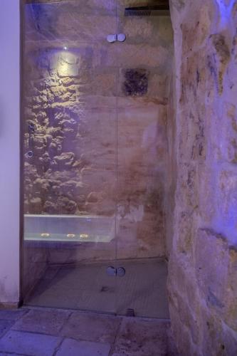 a glass shower in a room with a stone wall at Casa Felda in Altamura