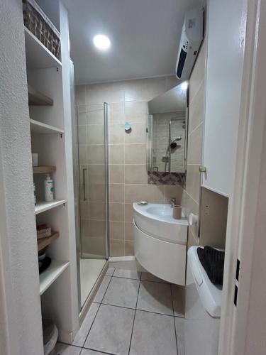 une salle de bain avec une douche, des toilettes et un lavabo dans l'établissement Superbe 2pièces, proche plage de Grazel, et port, à Gruissan