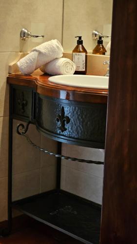 a bathroom with a sink and a counter top at Villa Vicuña Cafayate Boutique Hotel in Cafayate