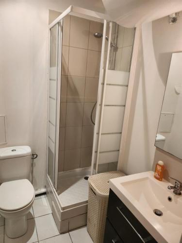 une salle de bain avec une douche, des toilettes et un lavabo dans l'établissement Logement entier 2p, à Paris