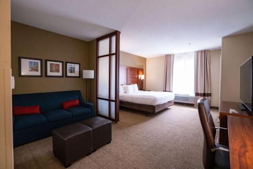 une chambre d'hôtel avec un lit et un canapé dans l'établissement Comfort Suites Airport, à Luckney